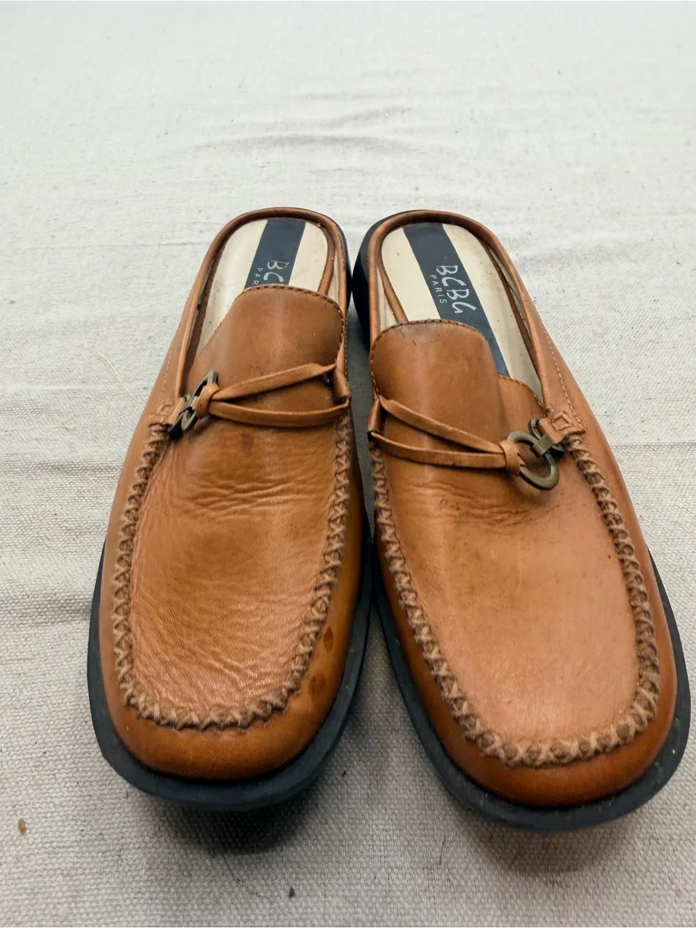 BCBG Paris Brown Leather Slip-On Loafers with Metal Bit